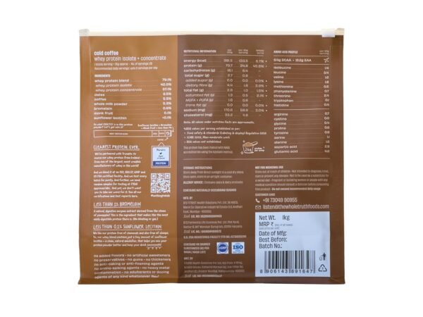 The Whole Truth Whey Protein Isolate+Concentrate | Cold Coffee 1 kg (2.2 lbs) | 24g Protein/Scoop | 6.6g BCAA | 100% Authentic Whey & No Adulteration | Clean, Light & Easy to Digest | Vegetarian - Image 9