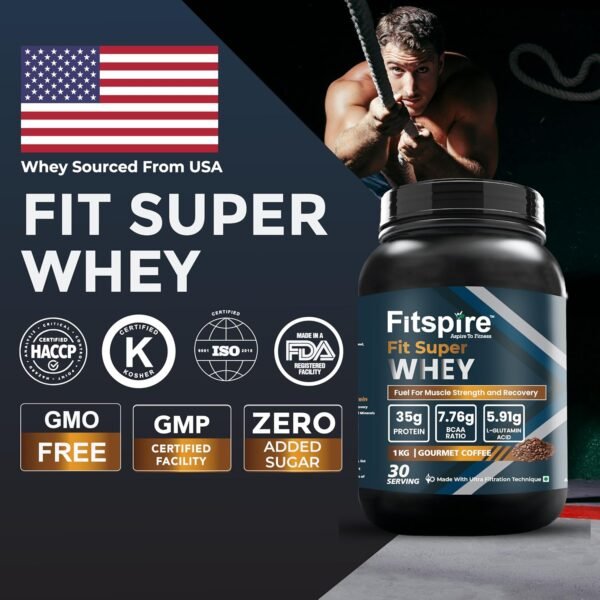 Fitspire Fit Super Whey Protein | 100g Serving | 35g Protein | 7.76g BCAA | 0 Added Sugar | 100% Authentic Whey & No Adulteration | Muscle Growth & Recovery | DigeZyme For Easy Digestion (Gourmet Coffee, Pack of 2 | 1 kg / 2.2 lb) - Image 2
