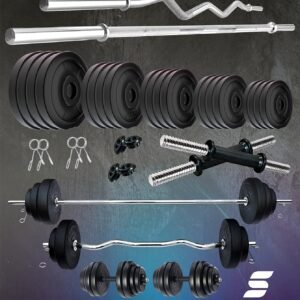 Amazon Brand – Symactive PVC 90 Kg Home Gym Set (90 Kg PVC Weight, 5 Ft Plain Rod, 3 Ft Curl Rod, 14” Dumbbell Rods Pair, 4 Locks/Clippers)