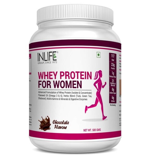 INLIFE Whey Protein Powder for Women | Ayurvedic Herbs, 23g Protein, 21 Vitamins Minerals, Omega 3 6, Digestive Enzymes, Hair Skin Nails (500g, Chocolate)