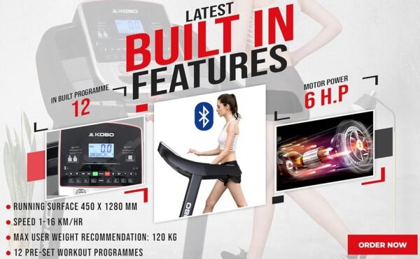 Kobo Treadmill with Auto Incline 3 HP - 6 HP Peak DC Motorised Treadmill for Home Use with Bluetooth Connectivity APP, Free Installation Assistance - Image 7