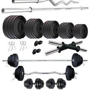 Amazon Brand – Symactive PVC 90 Kg Home Gym Set (90 Kg PVC Weight, 5 Ft Plain Rod, 3 Ft Curl Rod, 14” Dumbbell Rods Pair, 4 Locks/Clippers)