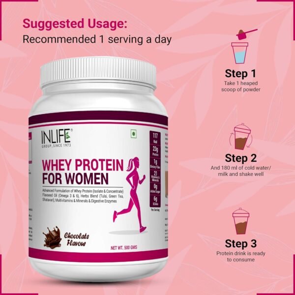 INLIFE Whey Protein Powder for Women | Ayurvedic Herbs, 23g Protein, 21 Vitamins Minerals, Omega 3 6, Digestive Enzymes, Hair Skin Nails (500g, Chocolate) - Image 4