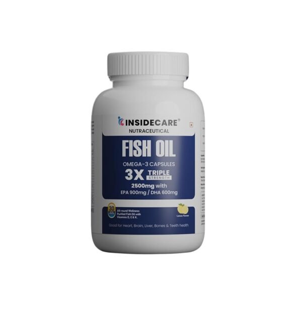 Insidecare Omega-3 Fish Oil | 2500mg 3X Triple Strength Fish Oil Capsules | 900mg EPA & 600mg DHA | No Fishy Burps | For Joint & Heart Health