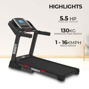 Durafit – Sturdy, Stable and Strong Bronco | 5.5 HP Peak DC Motorized Foldable Treadmill | Auto Incline | Home use | Max Speed 16 Km/Hr | Max User Weight 130 Kg | Free Installation Assistance