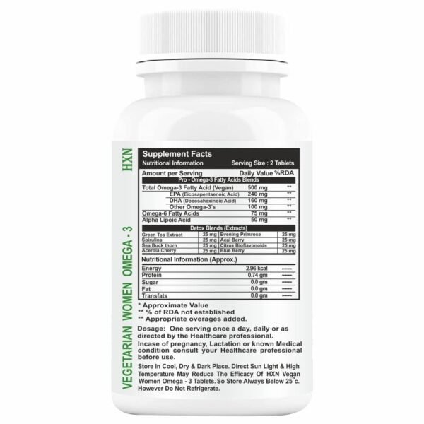 HXN Omega 3 Vegetarian Fatty Acid Supplement For Women With Alpha Lipoic Acid, Vitamins, 99.98% Omega3(EPA+DHA) For Hair, Brain Booster, Joint Support-60 Tablets (No Fish Oil Capsule/Capsules Pack 1) - Image 2
