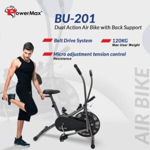 PowerMax Fitness® BU-201 Dual Action Air Bike/Exercise Bike for Home |Gym Cycle for Workout With Adjustable Cushioned Seat | Non-Slip Pedals | Fixed Handles Black Gym Bike, Max user weight 120 KG