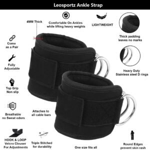 Leosportz® Ankle Strap for Gym Cable Machine (Pair)- Heavy D Ring Padded Ankle Band for Gym Workout | Cuff Attachment Kickbacks Leg Extensions Glutes Exercises for Men and Women (Black without Hook)