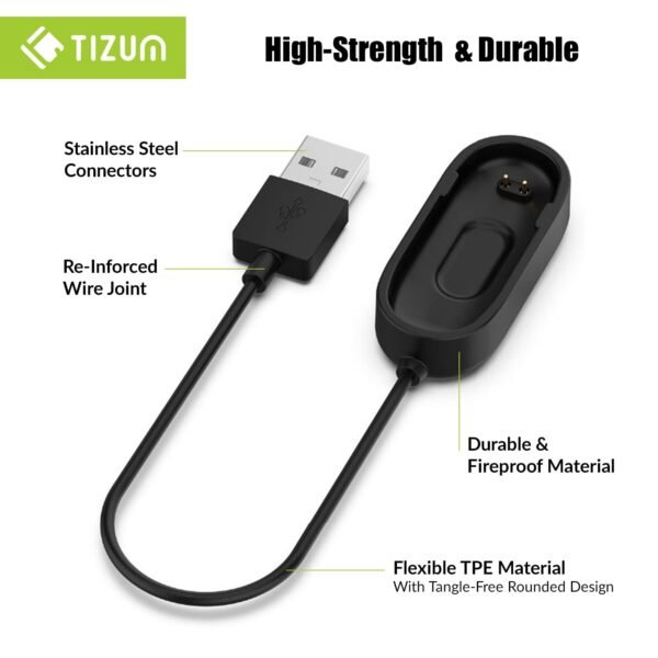 tizum 2 pin Gold Plated Fitness Band Power Charger Adapter/Fast USB Charging Cable/Dock Charger for Xiaomi MI Band 4 Fitness Band with 0.125 m Cable Length, Black - Image 4