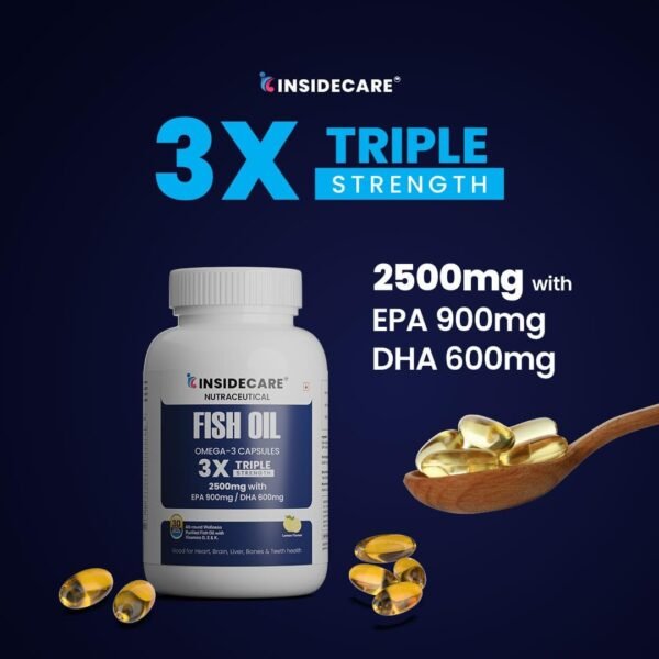 Insidecare Omega-3 Fish Oil | 2500mg 3X Triple Strength Fish Oil Capsules | 900mg EPA & 600mg DHA | No Fishy Burps | For Joint & Heart Health - Image 2