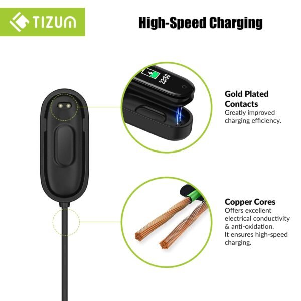 tizum 2 pin Gold Plated Fitness Band Power Charger Adapter/Fast USB Charging Cable/Dock Charger for Xiaomi MI Band 4 Fitness Band with 0.125 m Cable Length, Black - Image 3