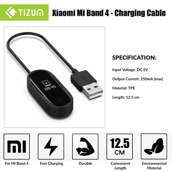 tizum 2 pin Gold Plated Fitness Band Power Charger Adapter/Fast USB Charging Cable/Dock Charger for Xiaomi MI Band 4 Fitness Band with 0.125 m Cable Length, Black - Image 2
