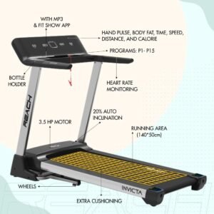 Reach INVT 6 HP Peak Motorized Treadmill | Max Speed 18 km/hr | Foldable Treadmill with Automatic Incline | Fitness Machine for Home Gym with LCD Display & Bluetooth | Max User Weight 130kg