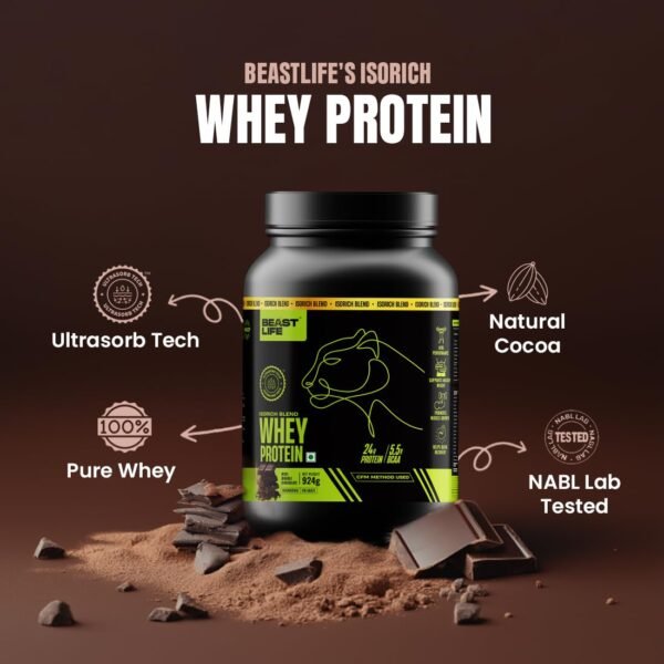 BEASTLIFE Whey Protein Powder With Ultrasorb Tech,Isorich Blend,24G Protein,5.5G Bcaa,Sports Nutrition|High Absorbtion Fuels Muscle|Speed Recovery For Men & Women (924g, Rich Double Chocolate) - Image 4