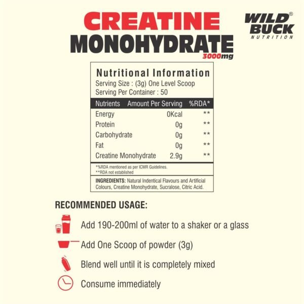 WILD BUCK Creatine Monohydrate Powder, Strength, Reduce Fatigue, 100% Pure Creatine, Lean Muscle Building, Supports Muscle Growth, Athletic Performance, Recovery [50 Servings, Mix Berries] - Image 4