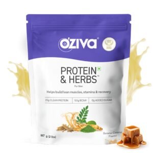 OZiva Protein & Herbs for Men for Muscle Building, Recovery and Stamina | Protein Powder for Men with 23g Whey Protein Isolate, 5.5 BCAAs, No Added Sugar, Certified Clean, Banana Caramel 2lbs