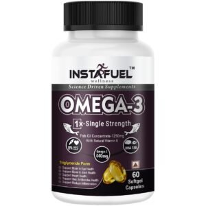 Instafuel Omega 3 Fish Oil Capsules, Single Strength Triglyceride for Men and Women (1250mg Omega 3 with 225mg EPA & 150mg DHA), for Brain, Heart, Eyes, and Joint Health, 60 Fish Oil Capsules