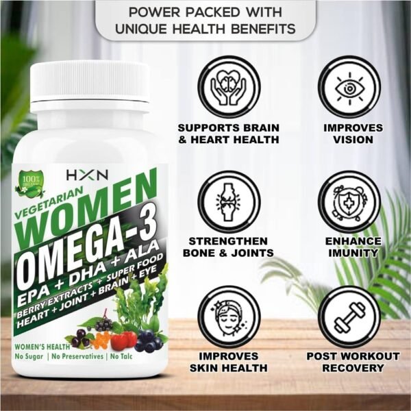 HXN Omega 3 Vegetarian Fatty Acid Supplement For Women With Alpha Lipoic Acid, Vitamins, 99.98% Omega3(EPA+DHA) For Hair, Brain Booster, Joint Support-60 Tablets (No Fish Oil Capsule/Capsules Pack 1) - Image 4