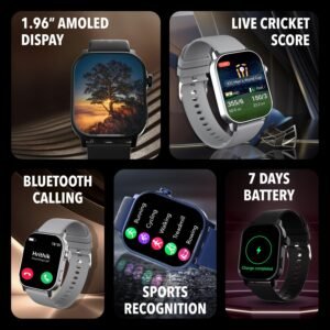 CULTSPORT Newly Launched Ace X 1.96″ AMOLED Smartwatch, Premium Metallic Build Smartwatch, Always On Display, Bluetooth Calling, Live Cricket Score,Functional Crown(Black Silicone)