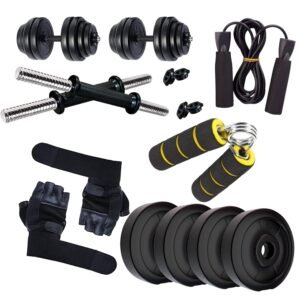 Encanto Home Gym Combo 10 Kg Dumbbell Set, One Pair of Adjustable Dumbbell Rods with PVC Dumbbell Plates & Accessories