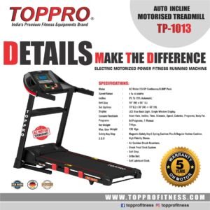 TOPPRO Fitness Motorized Treadmill TP-1013 | Treadmill for Home USE | Heavy Duty Treadmill | Treadmill AC Motor | Treadmill with AUTO Incline | German Designed | Taiwan Certified | Imported