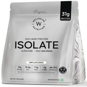 Wellbeing Nutrition 100% Whey Protein Isolate (Unflavoured) | 31g Protein, 15.4g EAA, 7.1g BCAA | 4B CFU Probiotics & Natural Digestive Enzymes | 99% Lactose Free |No Bloating, Easy to Digest | 1kg