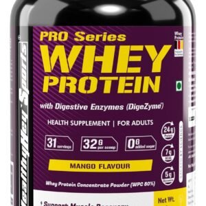 HealthyHey Sports Whey Protein Concentrate (Produced in Europe) – 80% Protein with Digestive Enzymes – 1Kg) (Mango, 1Kg)