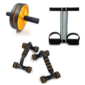 LIVOX Double Spring Tummy Trimmer with Ab Wheel Roller, Push-up Stand Gym Equipment Set for Home Workout Combo Men Women Full Body Exercise Kit – Pack of 3