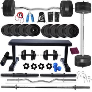 BodyFit BLACK Home Gym Set Combo Kit, Gym Equipment, , 3Ft Curl, 5Ft Plain Rod, Flat Leg Extension Bench, 2X14 Dumbbell Rods PVC Weight Plates, Fitness Exercise Set. (100KG Combo)