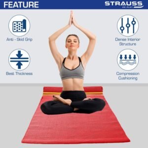 STRAUSS: Cotton Yoga Mat For Women and Men | Exercise mat for home workout, 100% Cotton, Anti Slip Fitness mat | Washable, Breathable, Sweat Absorbent & Eco-friendly material – 4mm (Red)