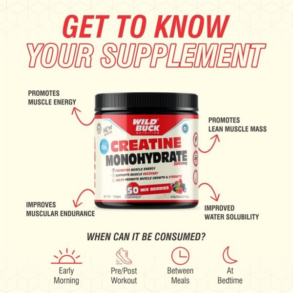 WILD BUCK Creatine Monohydrate Powder, Strength, Reduce Fatigue, 100% Pure Creatine, Lean Muscle Building, Supports Muscle Growth, Athletic Performance, Recovery [50 Servings, Mix Berries] - Image 5