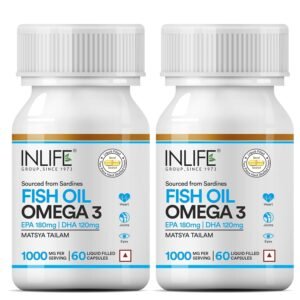 INLIFE Fish Oil Capsules Omega 3 1000mg | 180mg EPA & 120mg DHA | Promotes Brain, Heart, Joint & Eye Health – 60 Liquid Filled Capsules (Pack of 2)