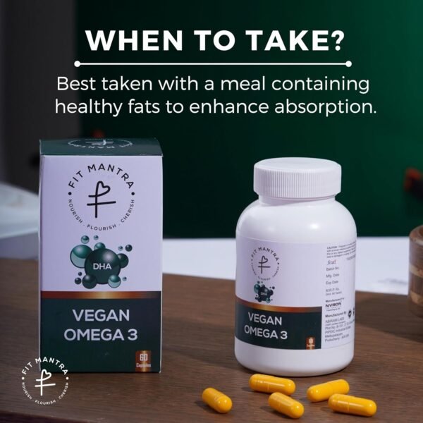FIT MANTRA Vegan Omega 3 Plant Sourced 60 Capsules 1000mg, Algal Oil with DHA for Brain & Heart Health, Improves Joints, Eye, Hair and Skin Health for Men & Women - Image 4