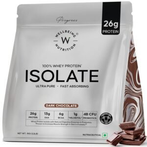 Wellbeing Nutrition 100% Whey Protein Isolate (Dark Chocolate) | 26g Protein, 13g EAA | Clinically Proven 2x Muscle Protein Synthesis| 4B CFU Probiotics | Digestive Enzymes | Easy to Digest | 1kg