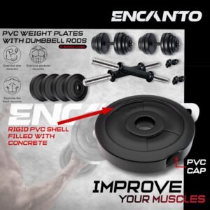 Encanto Home Gym Combo 10 Kg Dumbbell Set, One Pair of Adjustable Dumbbell Rods with PVC Dumbbell Plates & Accessories