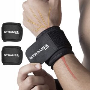 STRAUSS Wrist Support|Wrist Band for Compression and Support|Adjustable Fitness Band for Gym,Sports and Weightlifting|Comfortable and Breathable Fabric |Wrist Strap Ideal for Men and Women|Pair,(Black)