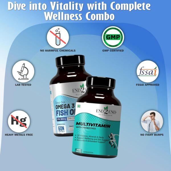 End2End Nutrition Omega 3 Fish Oil capsules and Multivitamin tablets with 33 Vitamins, Minerals and Herbs for Men and Women | Heart, Brain, Eye & Skin Health - (60x2) - Image 7