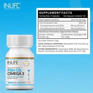 INLIFE Fish Oil Capsules Omega 3 1000mg | 180mg EPA & 120mg DHA | Promotes Brain, Heart, Joint & Eye Health – 60 Liquid Filled Capsules (Pack of 2)