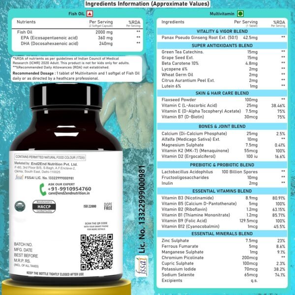 End2End Nutrition Omega 3 Fish Oil capsules and Multivitamin tablets with 33 Vitamins, Minerals and Herbs for Men and Women | Heart, Brain, Eye & Skin Health - (60x2) - Image 2